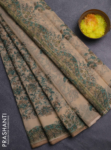 Kota doria saree sandal and green with allover prints and printed border