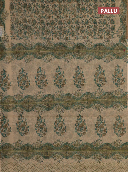 Kota doria saree sandal and green with allover prints and printed border