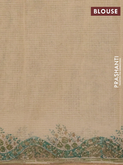 Kota doria saree sandal and green with allover prints and printed border