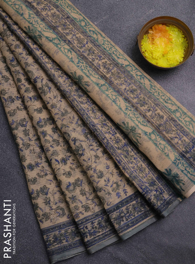 Kota doria saree sandal and grey with allover prints and printed border