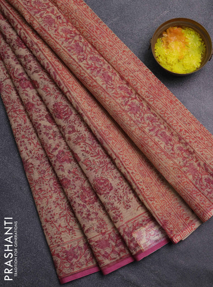 Kota doria saree sandal and mauve pink with allover prints and printed border