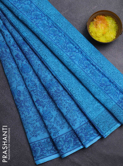 Kota doria saree blue with allover prints and printed border