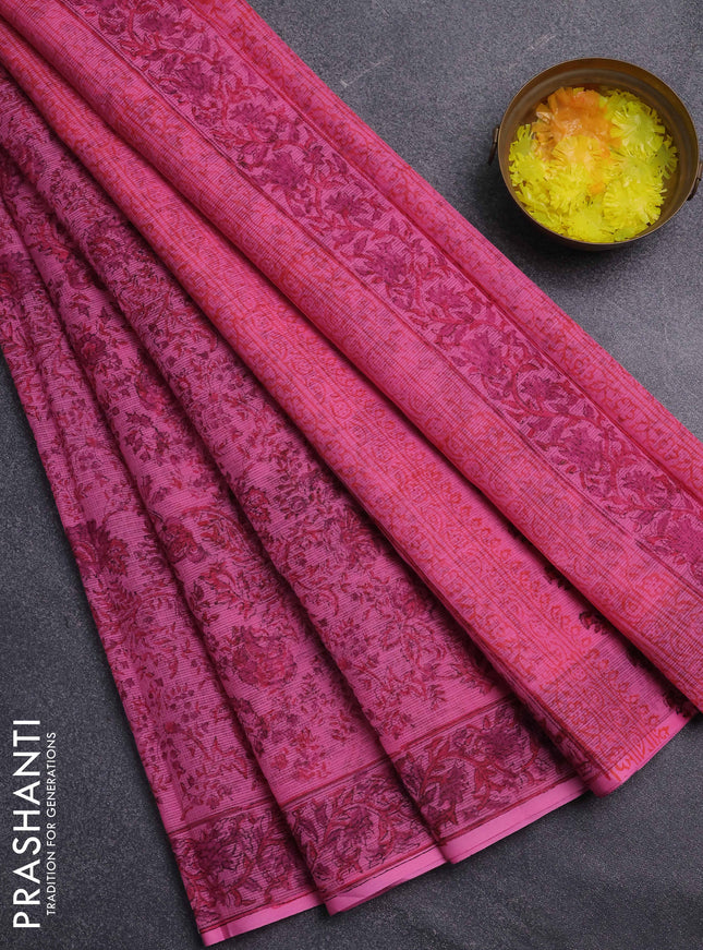 Kota doria saree pink with allover prints and printed border