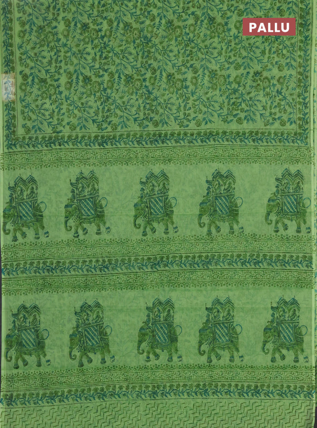 Kota doria saree light green with allover prints and printed border