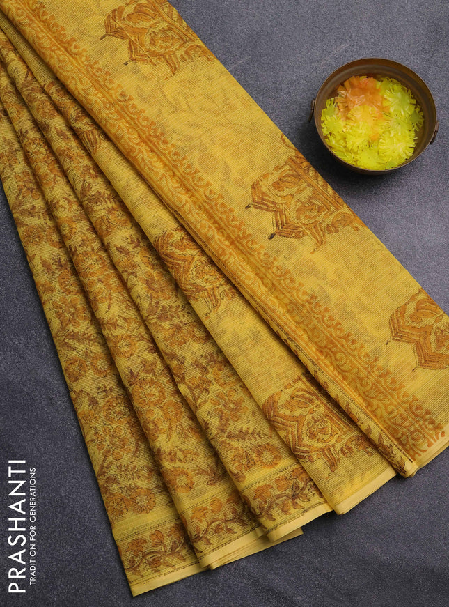 Kota doria saree yellow with allover prints and printed border