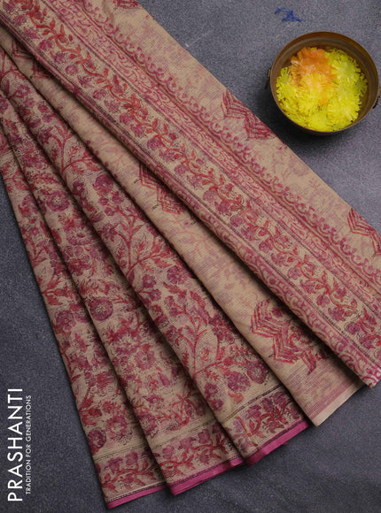 Kota doria saree sandal and mauve pink with allover prints and printed border