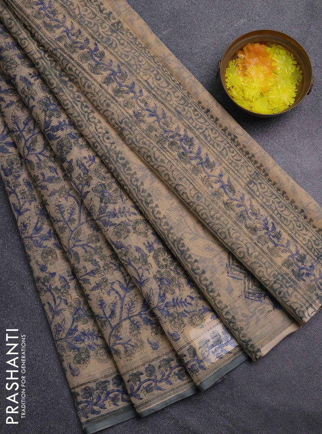 Kota doria saree sandal and grey with allover prints and printed border