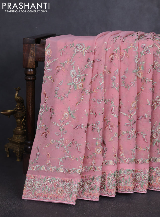 Georgette saree mauve pink with allover embroidery stone work and embroidery stone work border