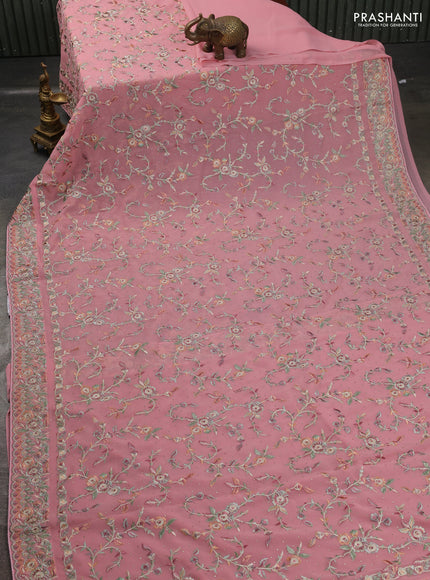Georgette saree mauve pink with allover embroidery stone work and embroidery stone work border