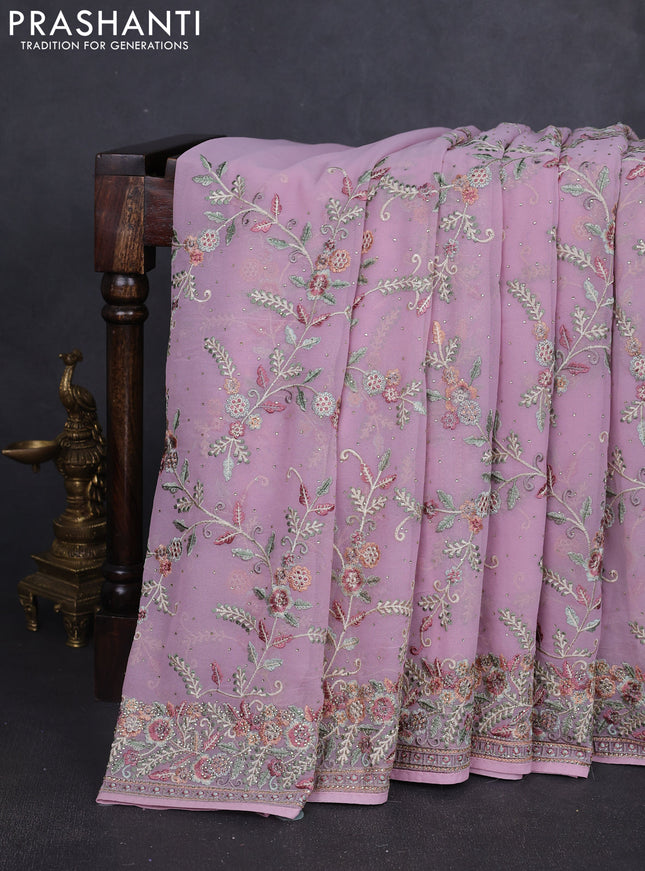 Georgette saree pastel pink with allover embroidery stone work and embroidery stone work border