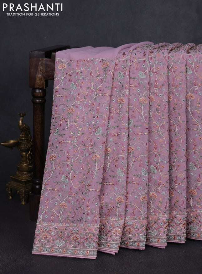 Georgette saree pastel pink with allover embroidery work and embroidery border