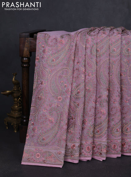 Georgette saree mauve pink with allover paisley embroidery stone work