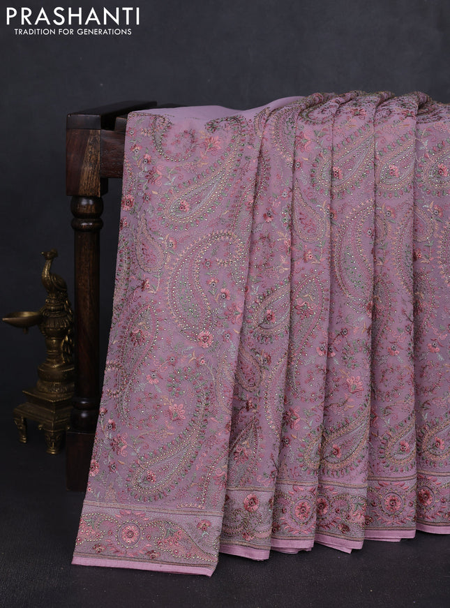 Georgette saree mauve pink with allover paisley embroidery stone work