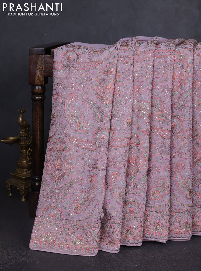 Georgette saree pastel lavender with allover embroidery stone work