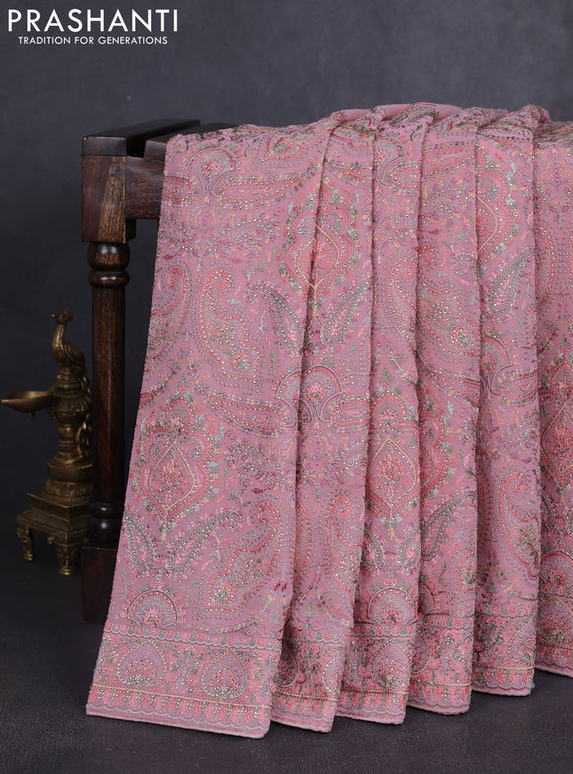 Georgette saree mauve pink with allover embroidery stone work