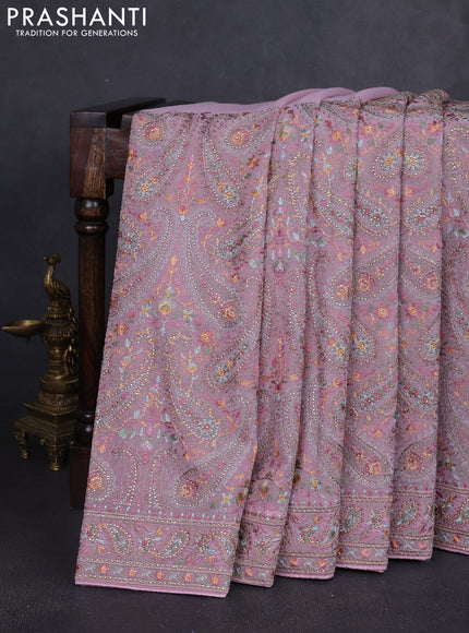 Georgette saree mauve pink with allover paisley embroidery stone work