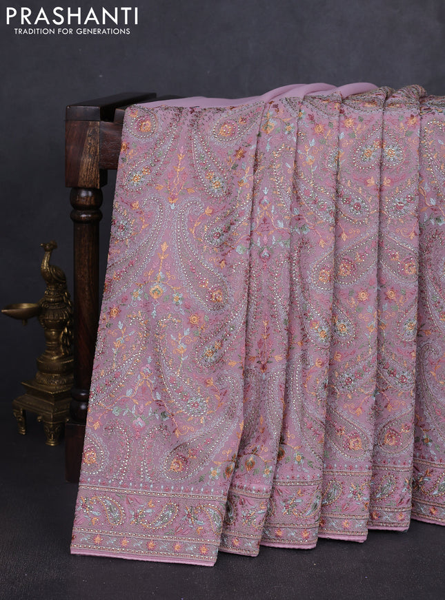 Georgette saree mauve pink with allover paisley embroidery stone work