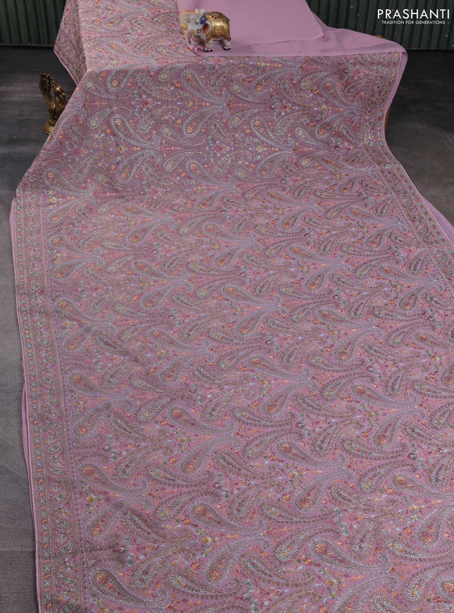 Georgette saree mauve pink with allover paisley embroidery stone work