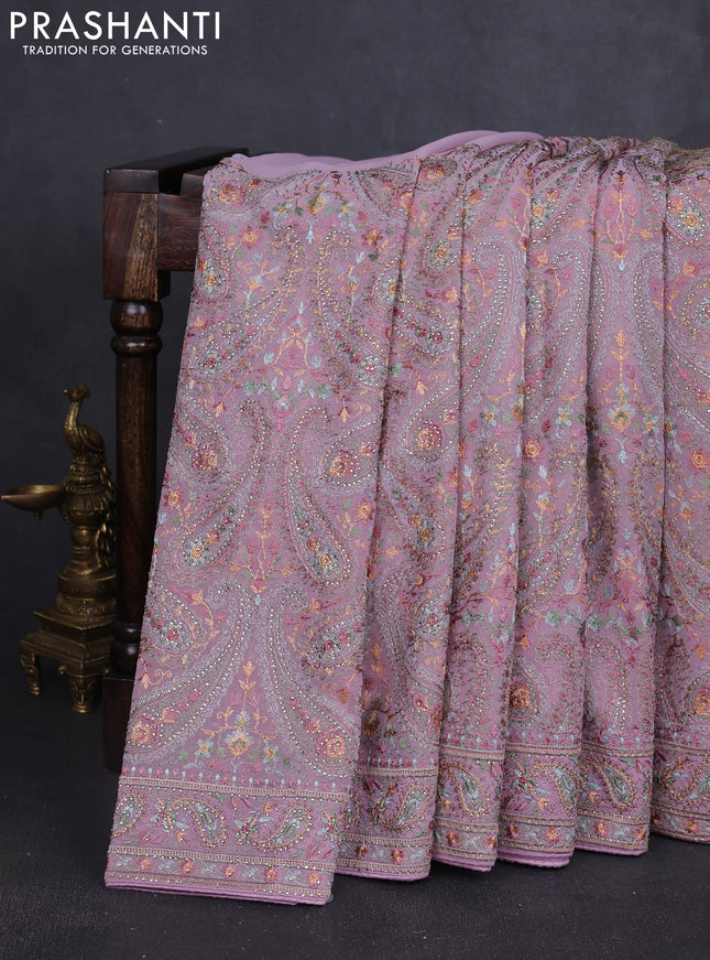 Georgette saree pastel lavender with allover paisley embroidery stone work