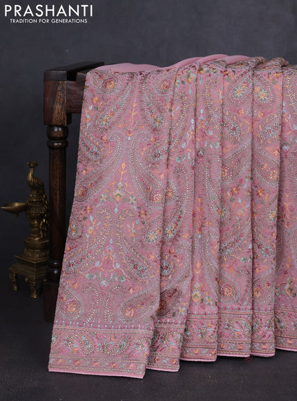Georgette saree pastel pink with allover paisley embroidery stone work
