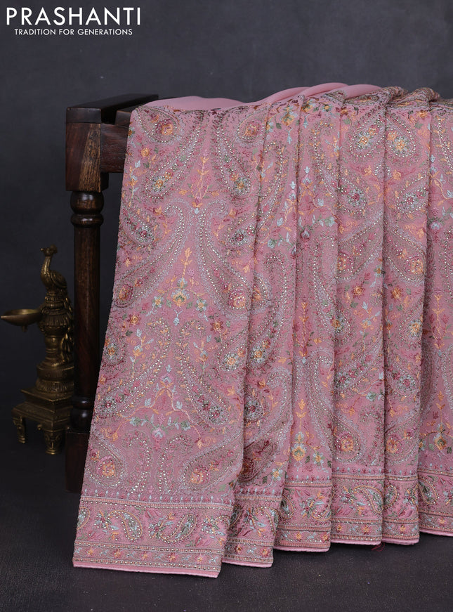 Georgette saree pastel pink with allover paisley embroidery stone work