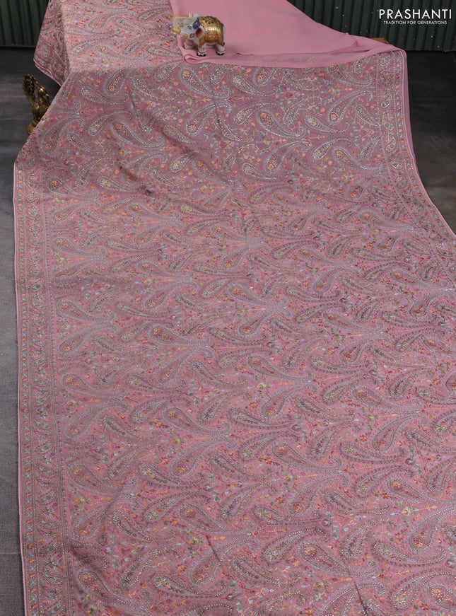 Georgette saree pastel pink with allover paisley embroidery stone work