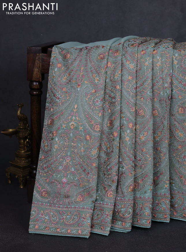 Georgette saree pastel lavender with allover paisley embroidery stone work