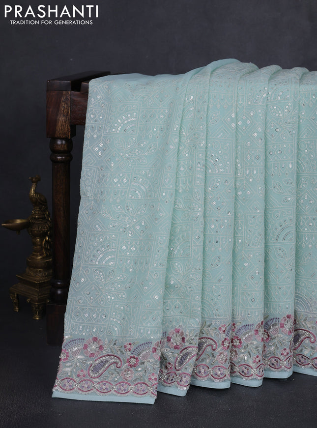 Georgette saree pastel grey with allover sequin embroidery work and embroidery stone work border