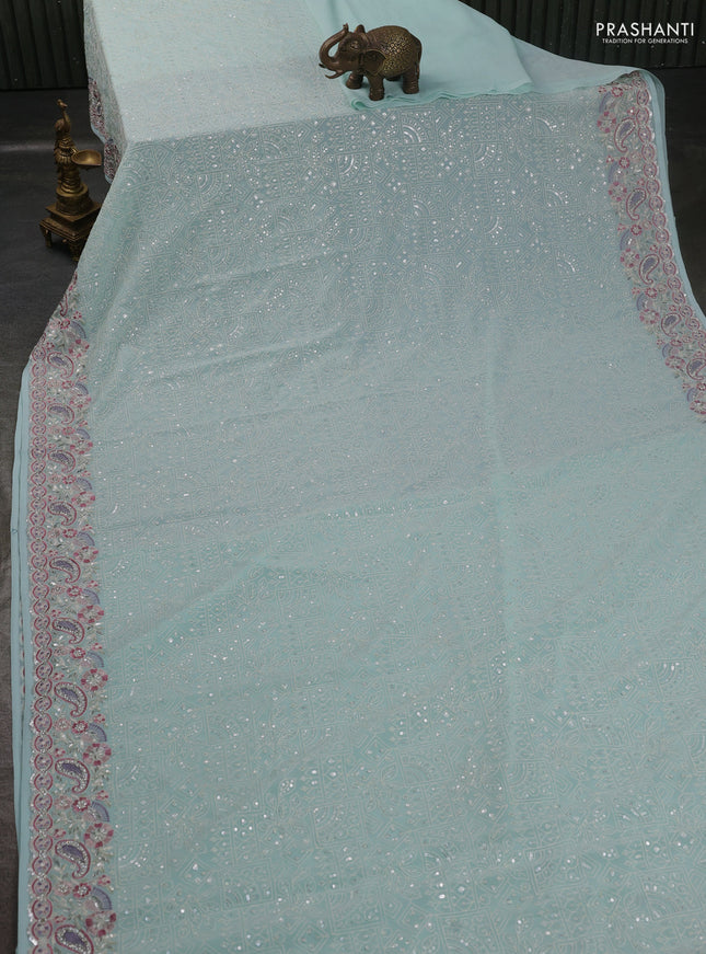 Georgette saree pastel grey with allover sequin embroidery work and embroidery stone work border