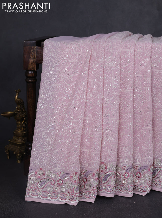 Georgette saree pastel pink with allover sequin embroidery work and embroidery stone work border