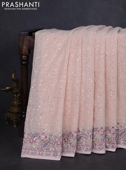 Georgette saree mild peach with allover sequin embroidery work and embroidery stone work border
