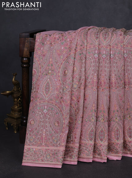 Georgette saree mauve pink with allover paisley embroidery stone work