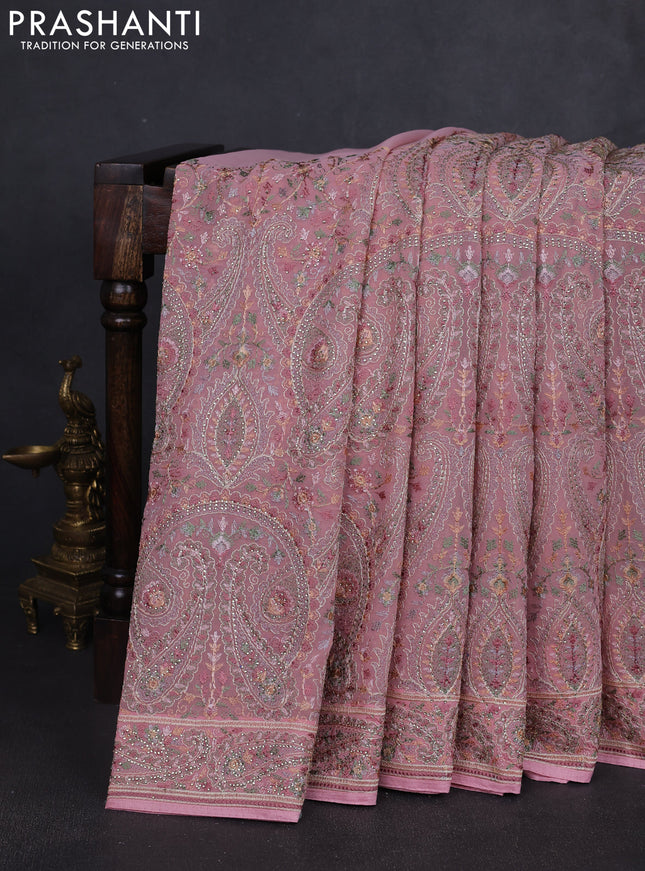 Georgette saree mauve pink with allover paisley embroidery stone work