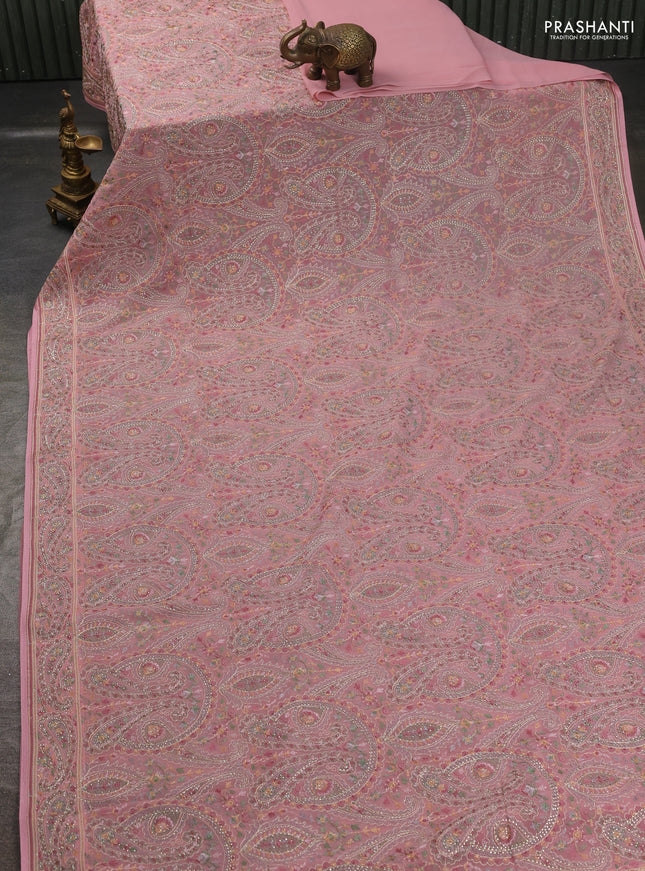 Georgette saree mauve pink with allover paisley embroidery stone work