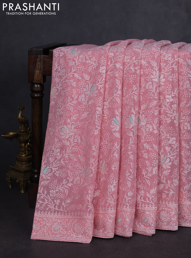 Georgette saree pastel pink with allover embroidery work and embroidery border