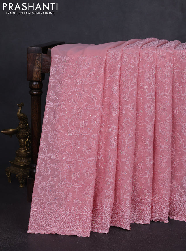 Georgette saree pastel pink with allover embroidery work and embroidery border
