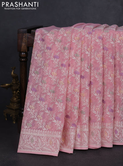 Georgette saree pastel pink with allover embroidery work and embroidery border