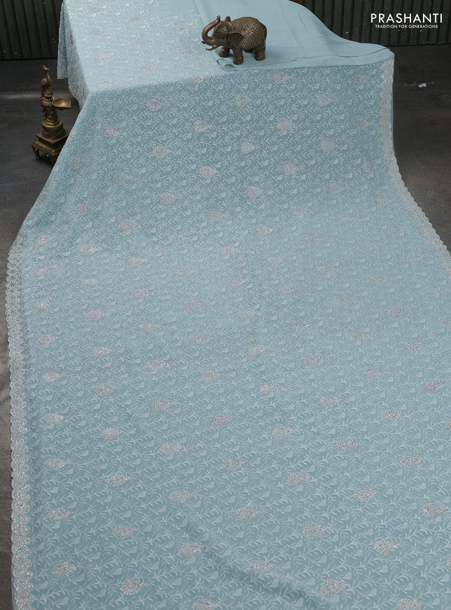 Georgette saree pastel blue with allover embroidery stone work and stone work border
