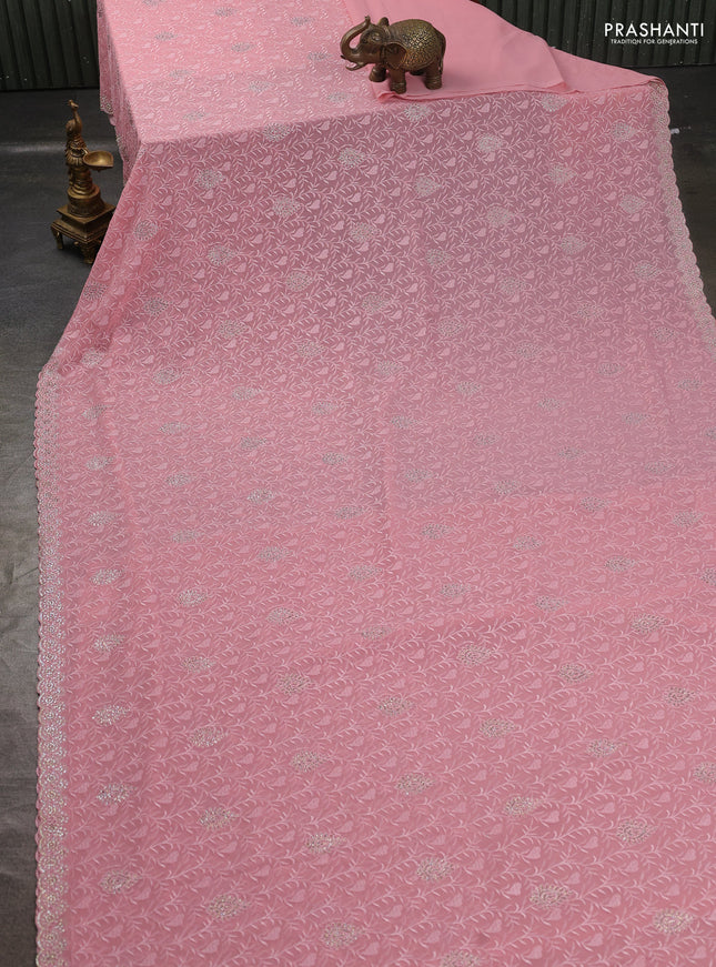 Georgette saree pastel pink with allover embroidery stone work and stone work border