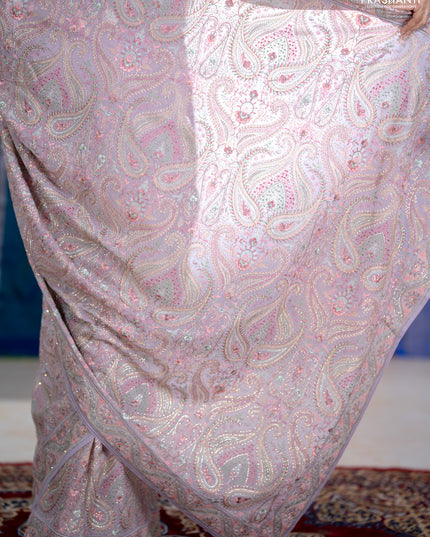 Georgette saree lavender with allover embroidery stone work and stone work border