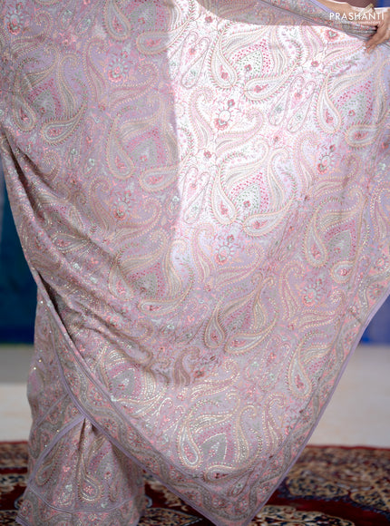 Georgette saree lavender with allover embroidery stone work and stone work border