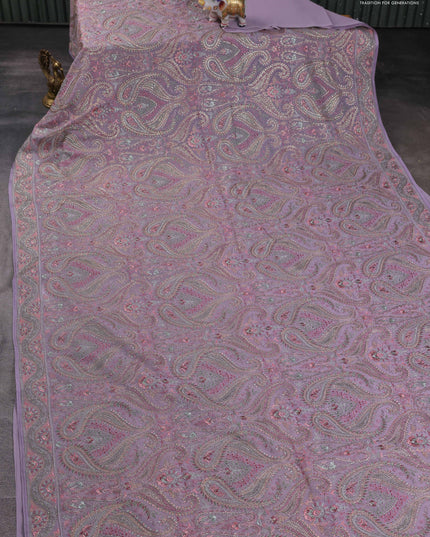 Georgette saree lavender with allover embroidery stone work and stone work border
