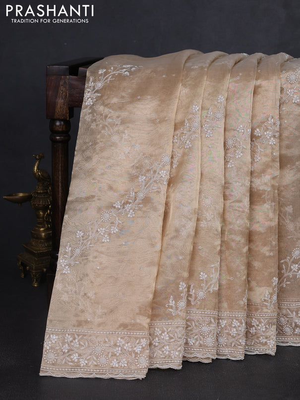 Tissue silk saree sandal with allover embroidery work and beaded work embroidery border