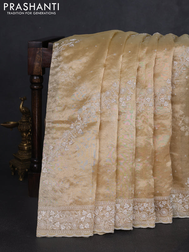 Tissue silk saree pale yellow with allover embroidery & sequin work