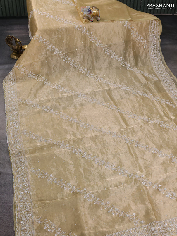 Tissue silk saree pale yellow with allover embroidery & sequin work