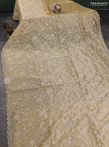 Tissue silk saree pale yellow with allover embroidery & sequin work