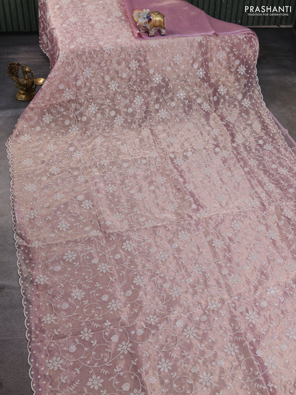 Tissue silk saree light pink with allover embroidery & sequin work