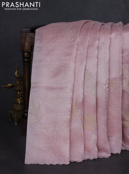 Tissue silk saree pastel pink with allover embroidery work and embroidery border