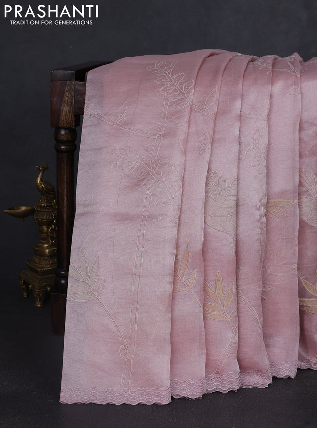 Tissue silk saree pastel pink with allover embroidery work and embroidery border