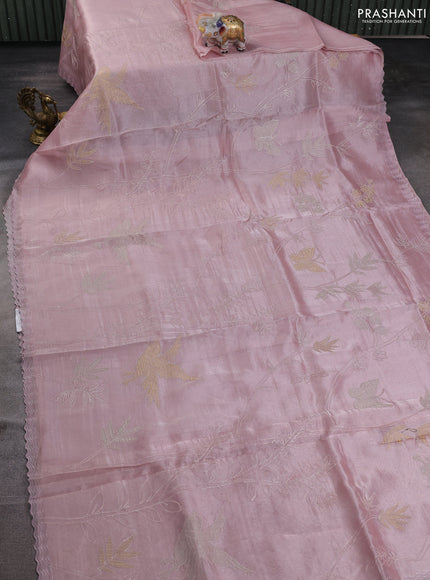 Tissue silk saree pastel pink with allover embroidery work and embroidery border